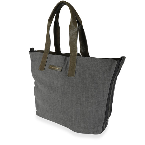 Brunello Cucinelli Olive Suede & Gray Wool Reversible Tote - Picture 3 of 7